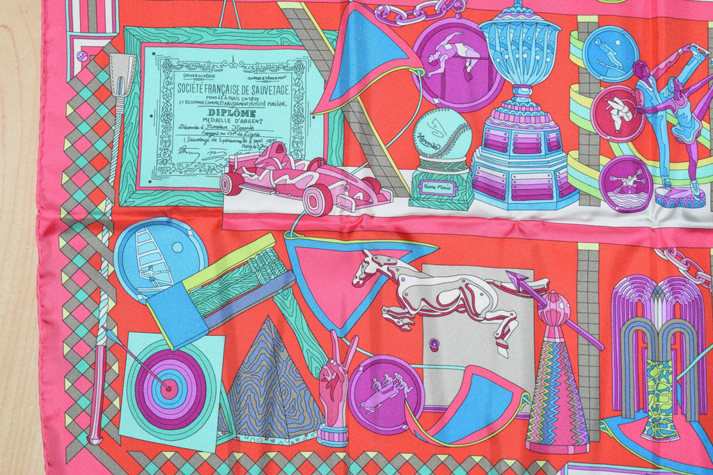 Hermes Scarf Les Trophees Red Silk 90 cm Carre 35” inch Shawl Stole