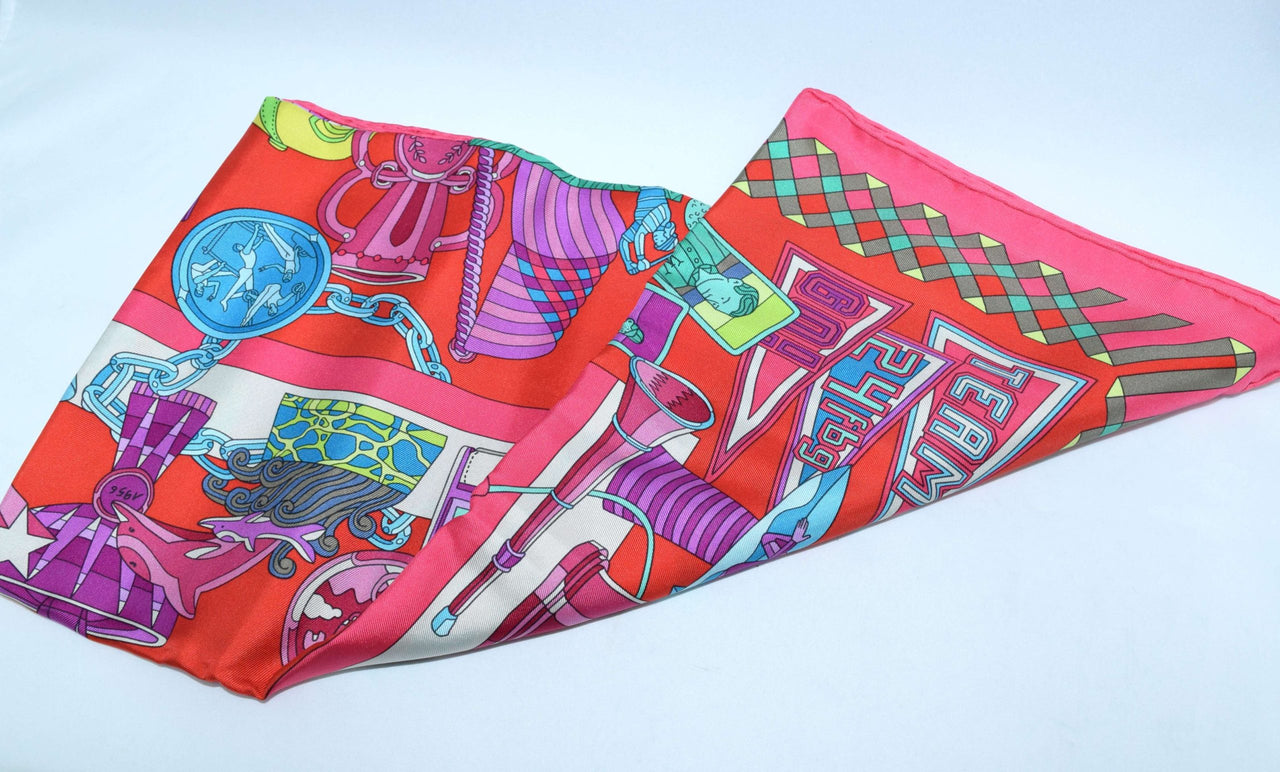 Hermes Scarf Les Trophees Red Silk 90 cm Carre 35” inch Shawl Stole