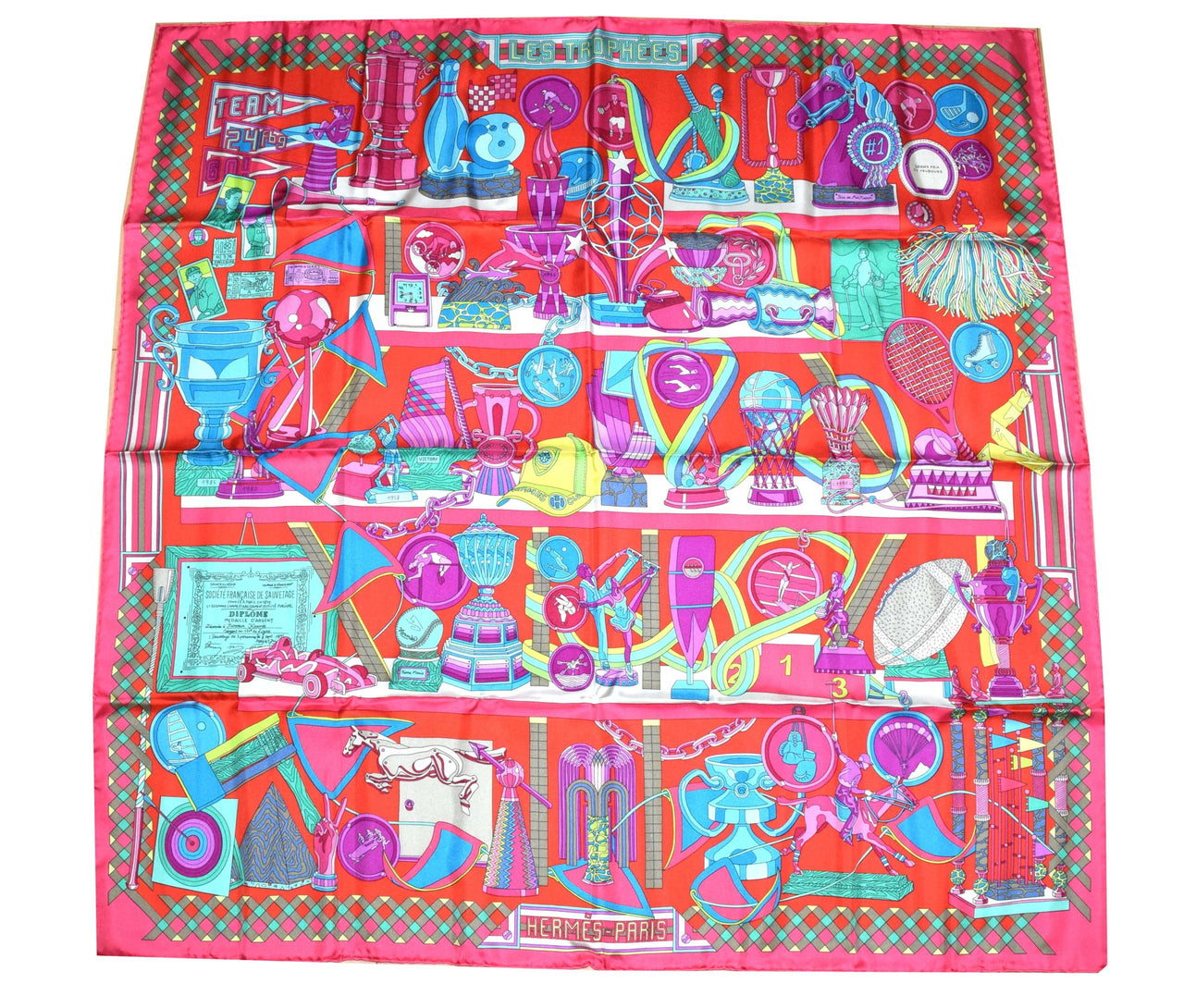 Hermes Scarf Les Trophees Red Silk 90 cm Carre 35” inch Shawl Stole