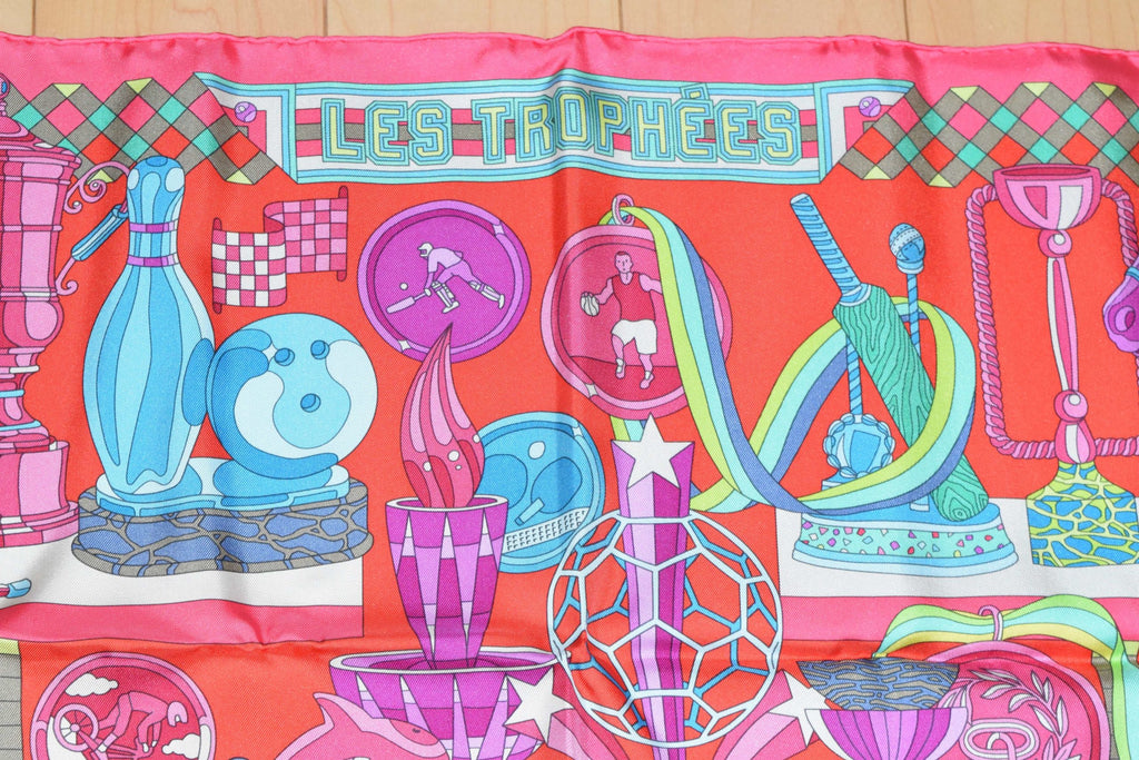 Hermes Scarf Les Trophees Red Silk 90 cm Carre 35” inch Shawl Stole