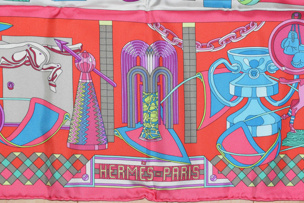 Hermes Scarf Les Trophees Red Silk 90 cm Carre 35” inch Shawl Stole