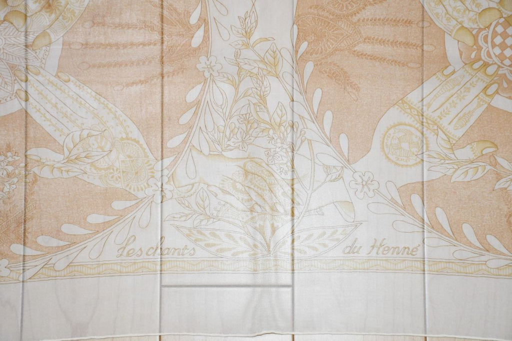 Hermes Scarf Les chants du Henne 90 cm Chiffon Silk mousseline Beige Shawl