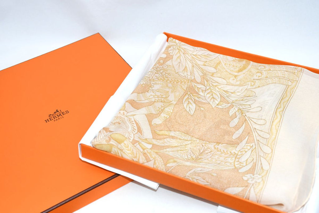 Hermes Scarf Les chants du Henne 90 cm Chiffon Silk mousseline Beige Shawl