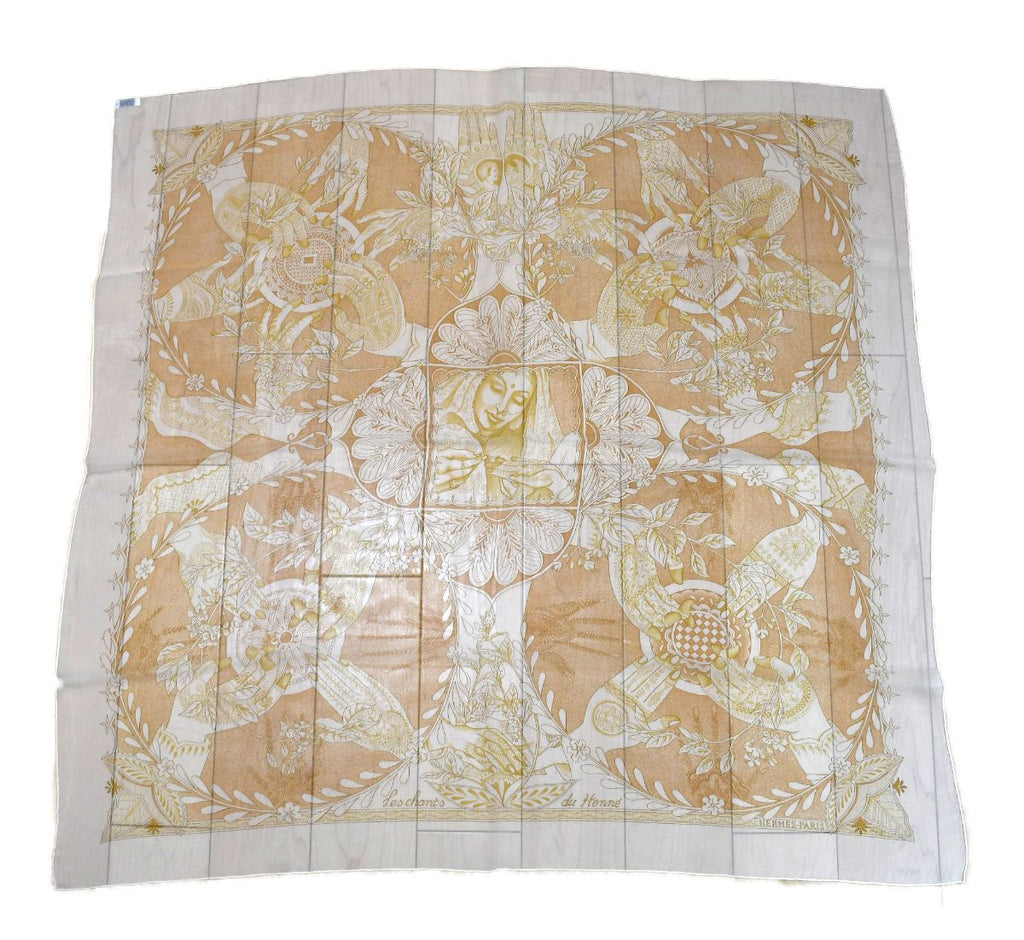 Hermes Scarf Les chants du Henne 90 cm Chiffon Silk mousseline Beige Shawl