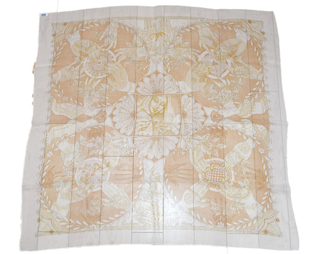 Hermes Scarf Les chants du Henne 90 cm Chiffon Silk mousseline Beige Shawl