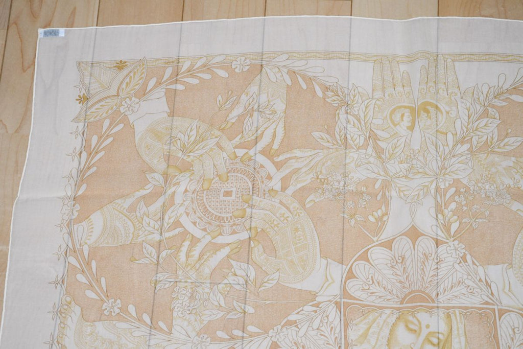 Hermes Scarf Les chants du Henne 90 cm Chiffon Silk mousseline Beige Shawl