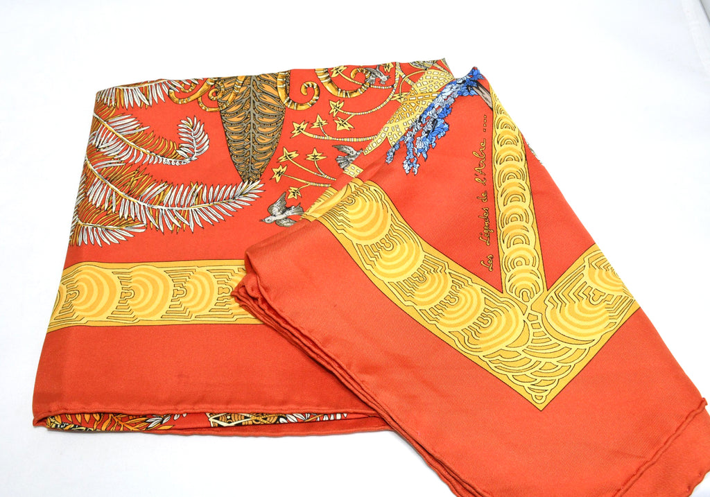Hermes Scarf Les legendes de l'Arbre 90 cm silk orange red Carre legend tree 35"