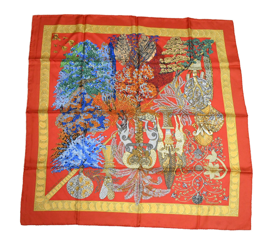 Hermes Scarf Les legendes de l'Arbre 90 cm silk orange red Carre legend tree 35"