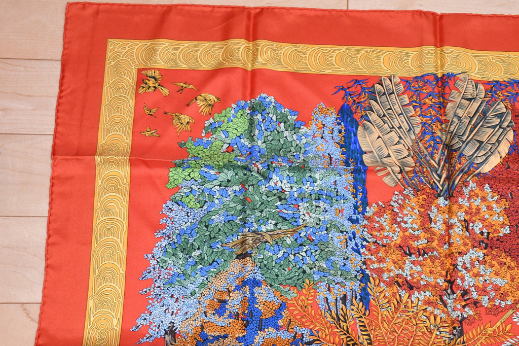 Hermes Scarf Les legendes de l'Arbre 90 cm silk orange red Carre legend tree 35"