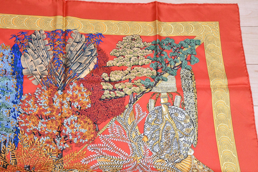 Hermes Scarf Les legendes de l'Arbre 90 cm silk orange red Carre legend tree 35"