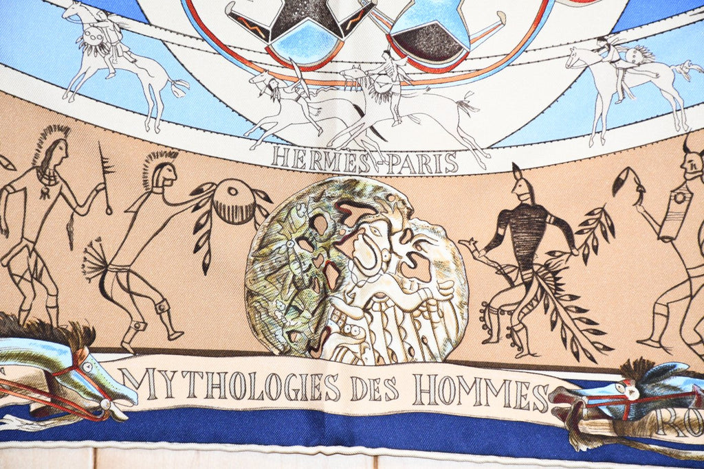 Hermes Scarf Les mythologies des hommes rouges 90 cm silk blue beige Carre legend 35"