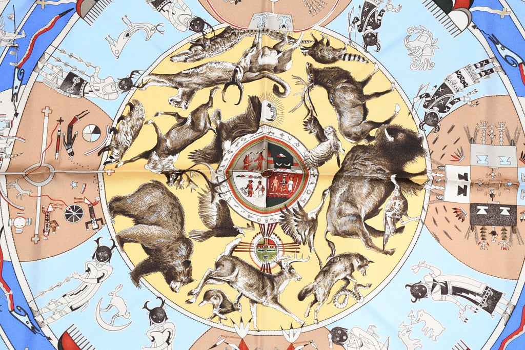 Hermes Scarf Les mythologies des hommes rouges 90 cm silk blue beige Carre legend 35"