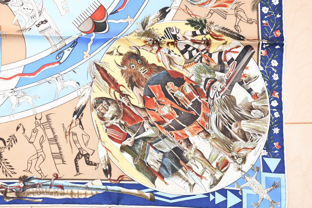 Hermes Scarf Les mythologies des hommes rouges 90 cm silk blue beige Carre legend 35"