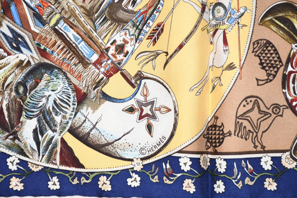 Hermes Scarf Les mythologies des hommes rouges 90 cm silk blue beige Carre legend 35"