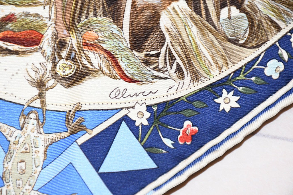 Hermes Scarf Les mythologies des hommes rouges 90 cm silk blue beige Carre legend 35"