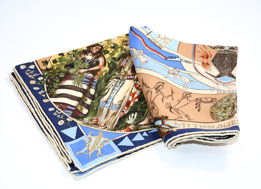 Hermes Scarf Les mythologies des hommes rouges 90 cm silk blue beige Carre legend 35"