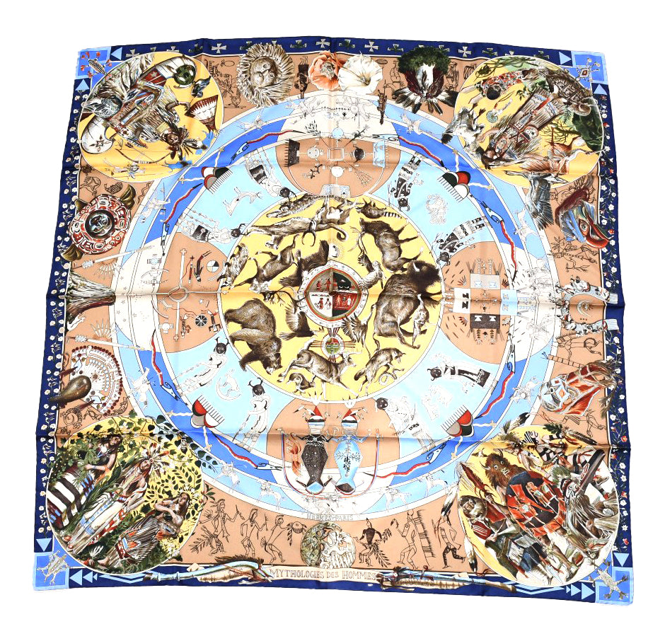 Hermes Scarf Les mythologies des hommes rouges 90 cm silk blue beige Carre legend 35"