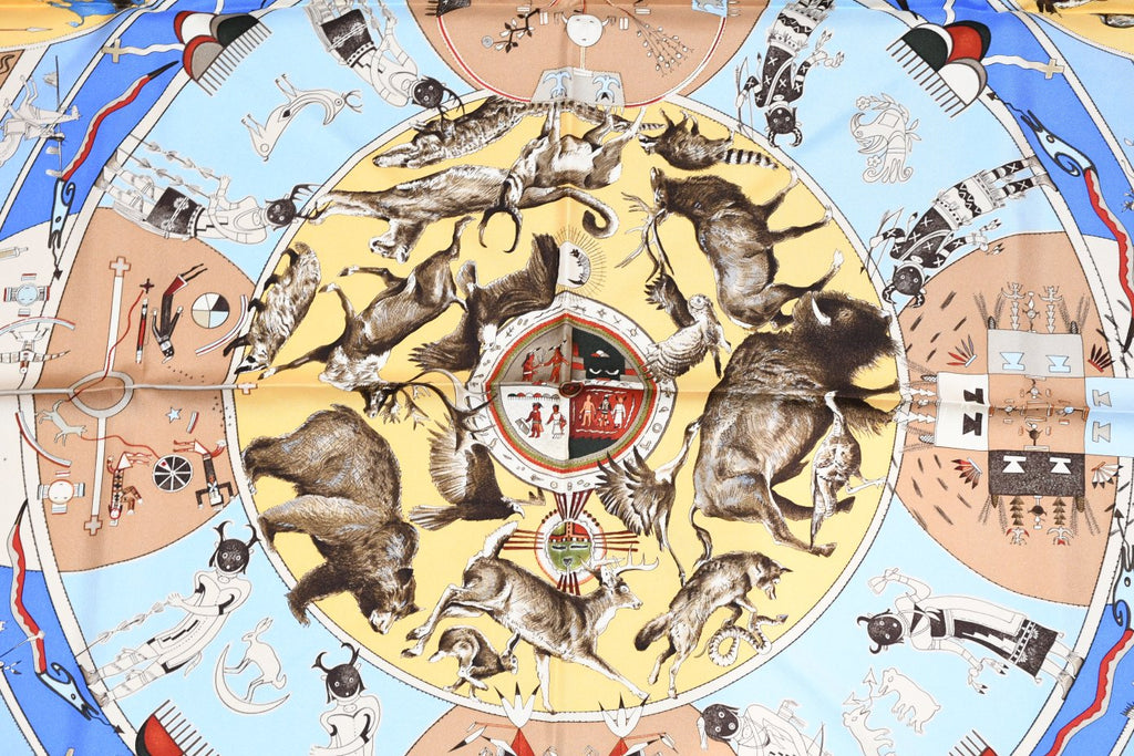 Hermes Scarf Les mythologies des hommes rouges 90 cm silk blue beige Carre legend 35"