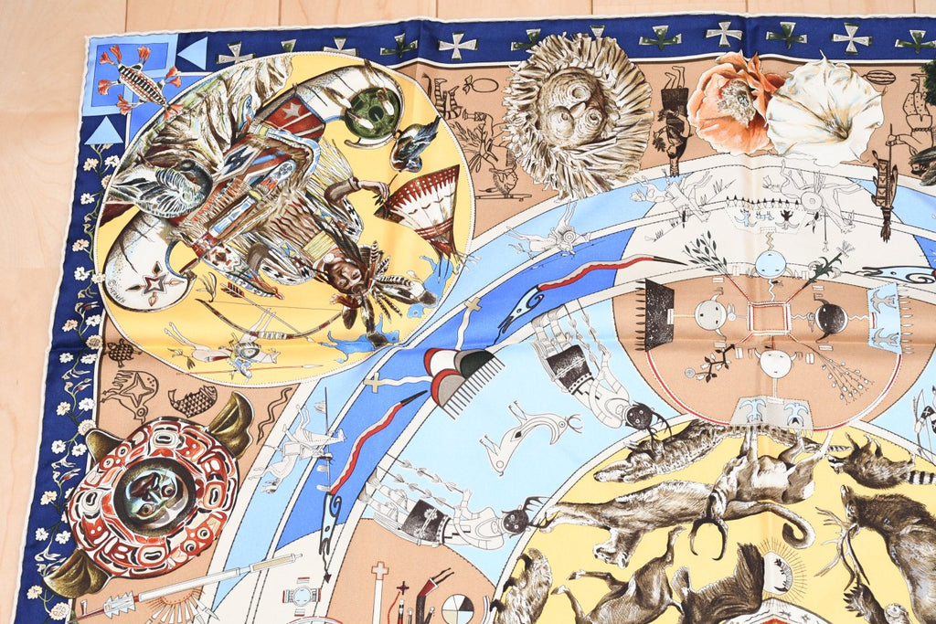 Hermes Scarf Les mythologies des hommes rouges 90 cm silk blue beige Carre legend 35"