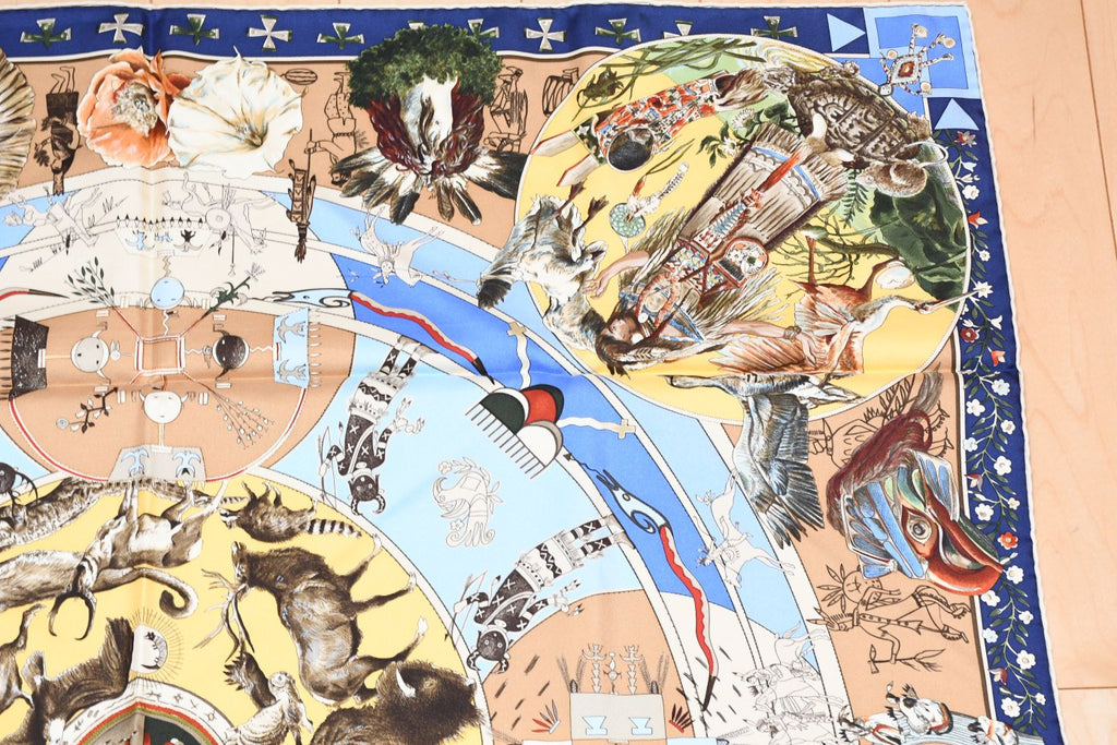 Hermes Scarf Les mythologies des hommes rouges 90 cm silk blue beige Carre legend 35"