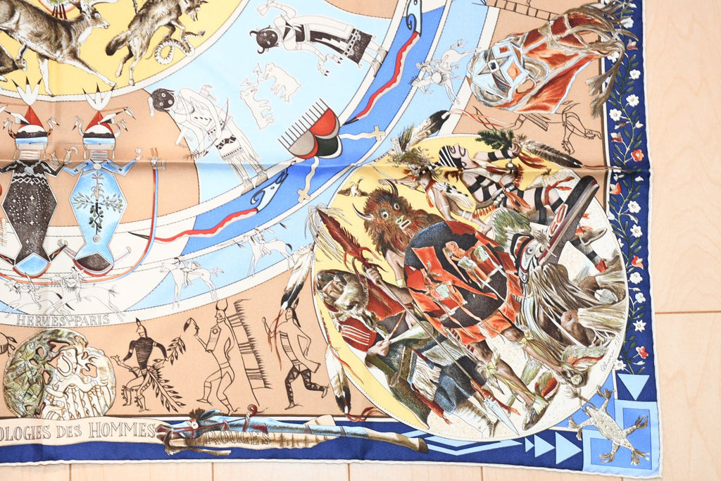 Hermes Scarf Les mythologies des hommes rouges 90 cm silk blue beige Carre legend 35"