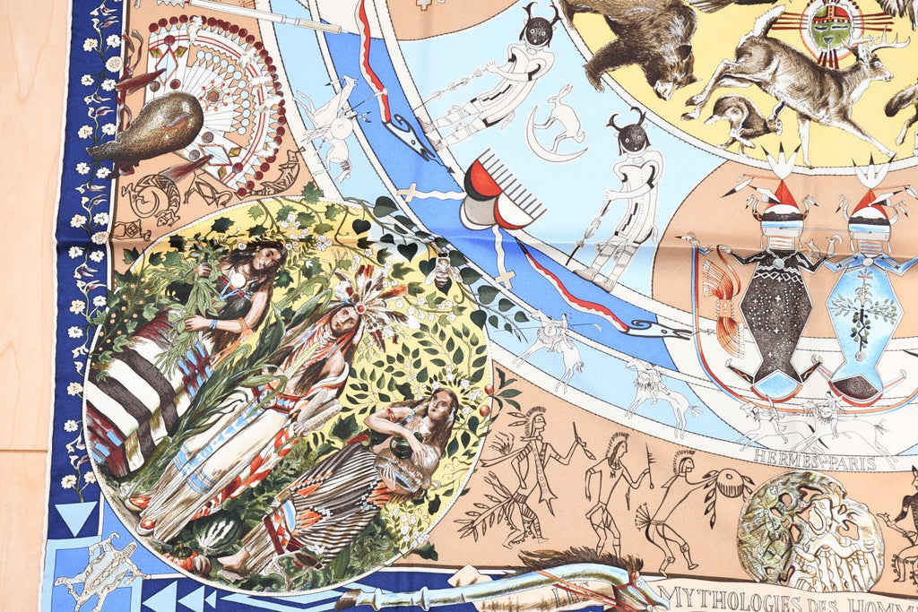 Hermes Scarf Les mythologies des hommes rouges 90 cm silk blue beige Carre legend 35"