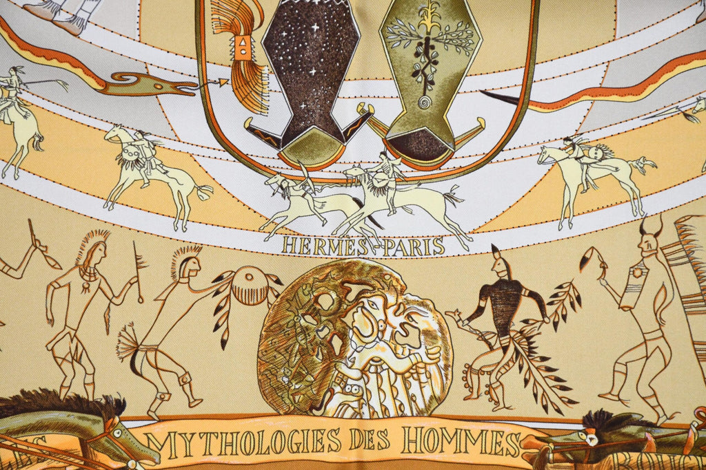 Hermes Scarf Les mythologies des hommes rouges 90 cm silk brown Carre legend 35"