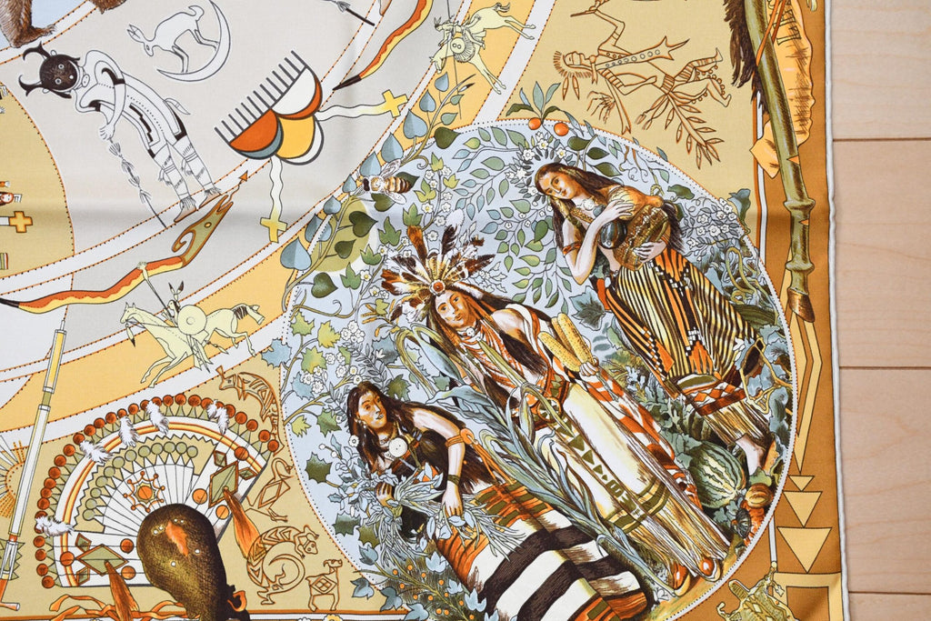 Hermes Scarf Les mythologies des hommes rouges 90 cm silk brown Carre legend 35"