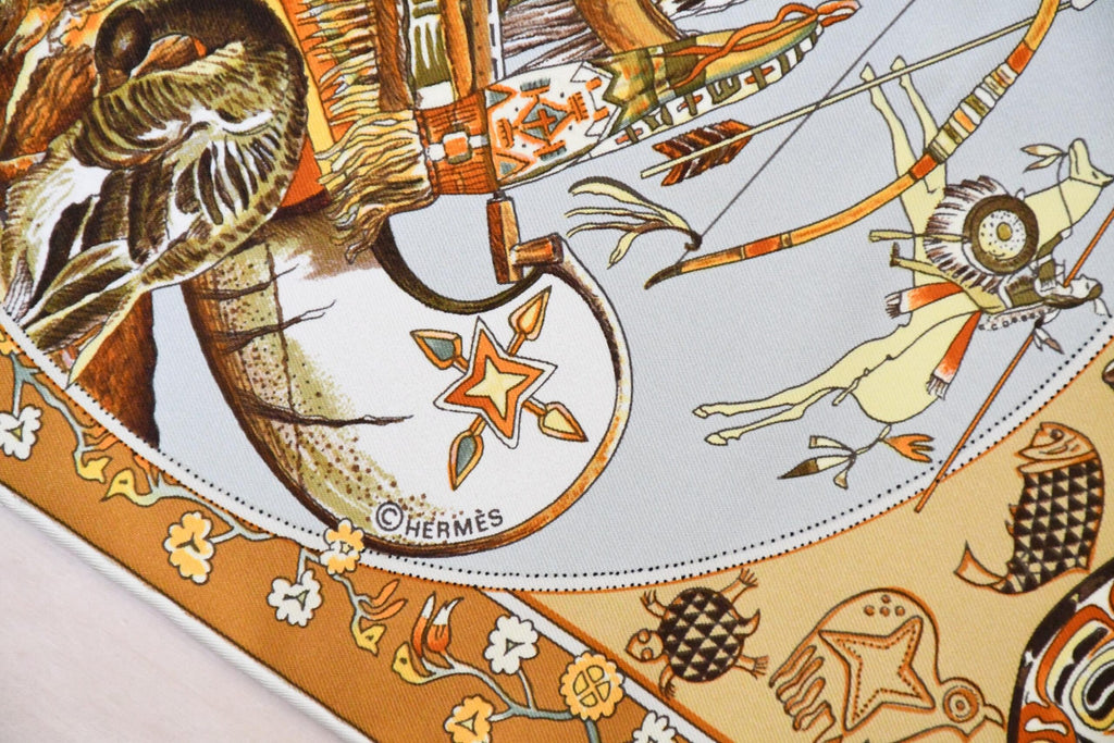 Hermes Scarf Les mythologies des hommes rouges 90 cm silk brown Carre legend 35"