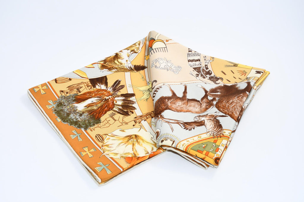 Hermes Scarf Les mythologies des hommes rouges 90 cm silk brown Carre legend 35"