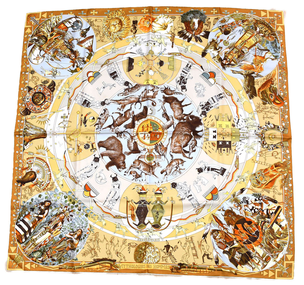Hermes Scarf Les mythologies des hommes rouges 90 cm silk brown Carre legend 35"