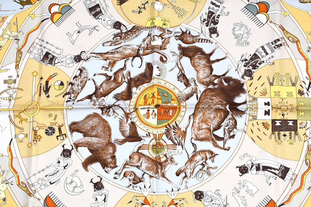 Hermes Scarf Les mythologies des hommes rouges 90 cm silk brown Carre legend 35"