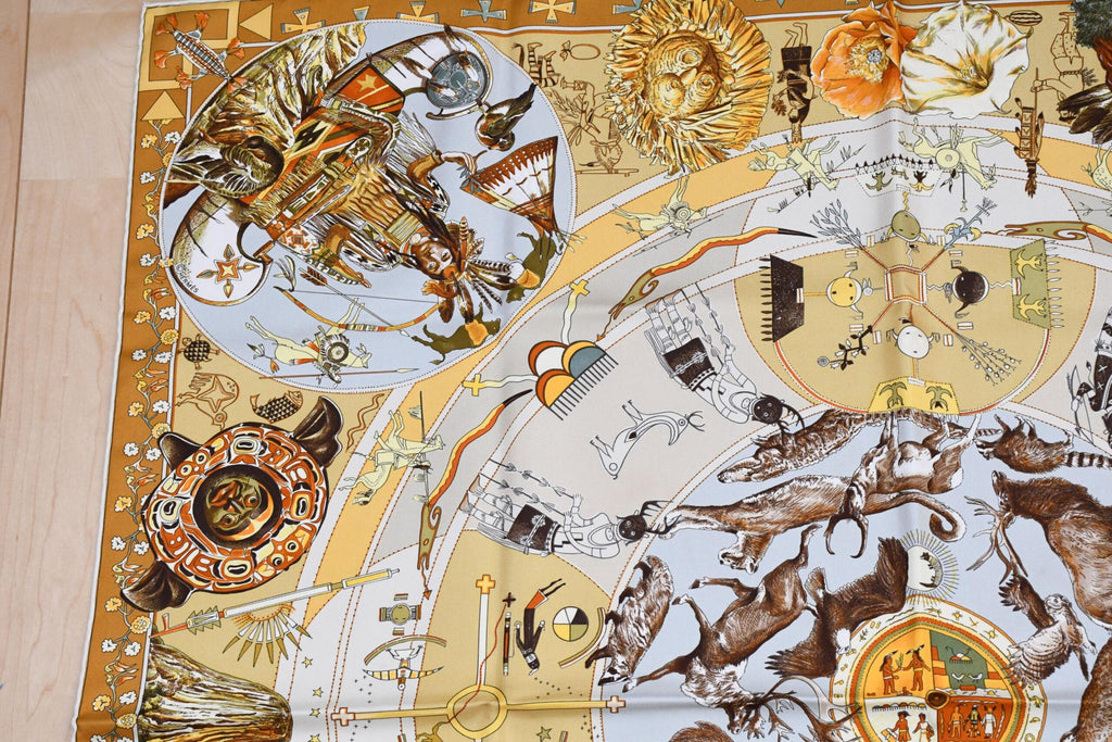 Hermes Scarf Les mythologies des hommes rouges 90 cm silk brown Carre legend 35"