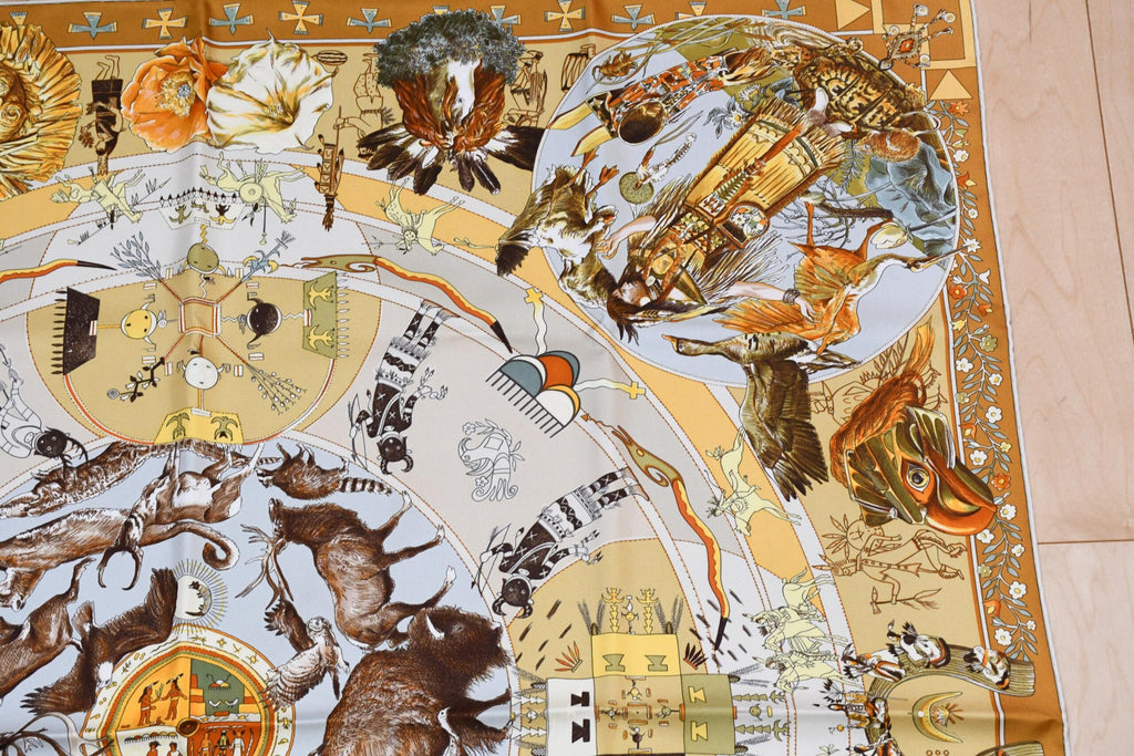 Hermes Scarf Les mythologies des hommes rouges 90 cm silk brown Carre legend 35"