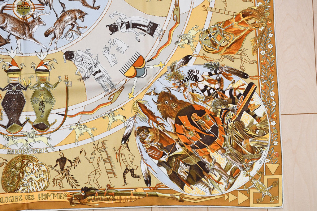 Hermes Scarf Les mythologies des hommes rouges 90 cm silk brown Carre legend 35"