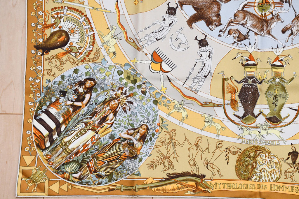 Hermes Scarf Les mythologies des hommes rouges 90 cm silk brown Carre legend 35"
