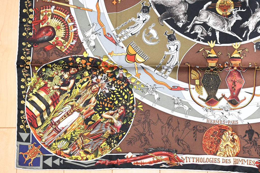 Hermes Scarf Les mythologies des hommes rouges 90 cm silk brown black Carre legend