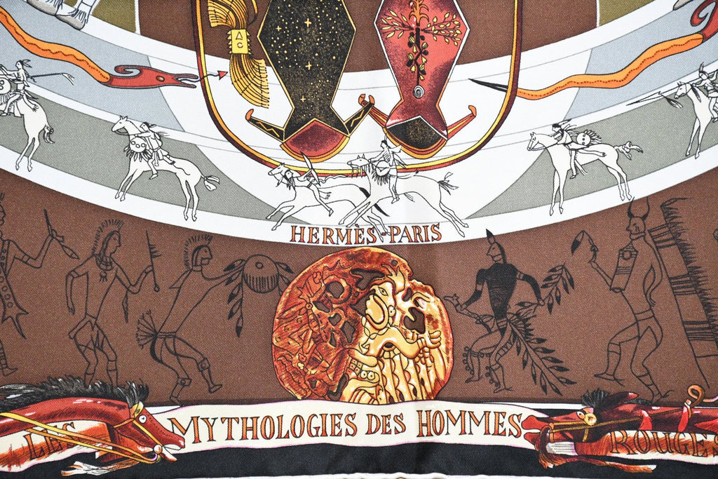 Hermes Scarf Les mythologies des hommes rouges 90 cm silk brown black Carre legend