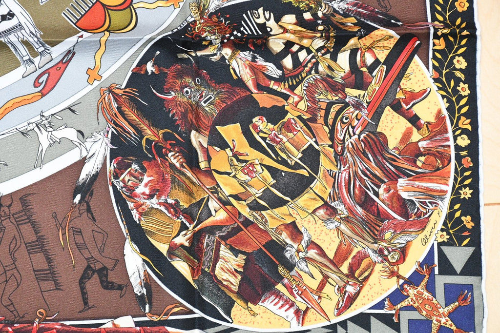 Hermes Scarf Les mythologies des hommes rouges 90 cm silk brown black Carre legend