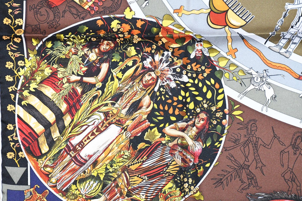 Hermes Scarf Les mythologies des hommes rouges 90 cm silk brown black Carre legend