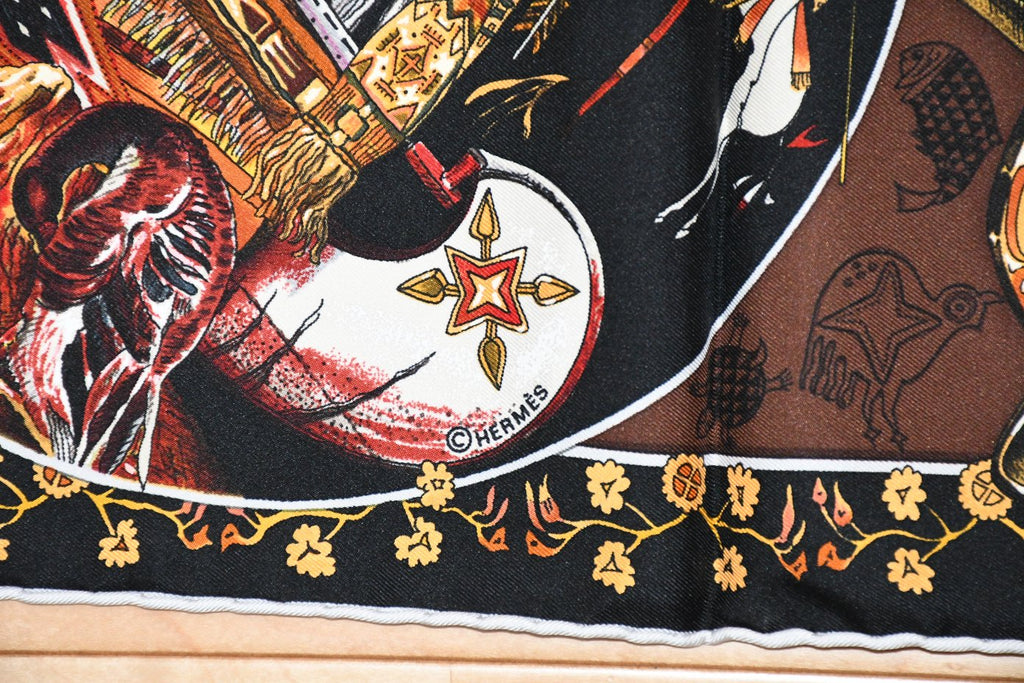Hermes Scarf Les mythologies des hommes rouges 90 cm silk brown black Carre legend