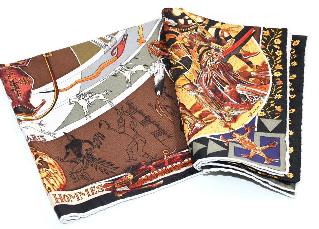 Hermes Scarf Les mythologies des hommes rouges 90 cm silk brown black Carre legend