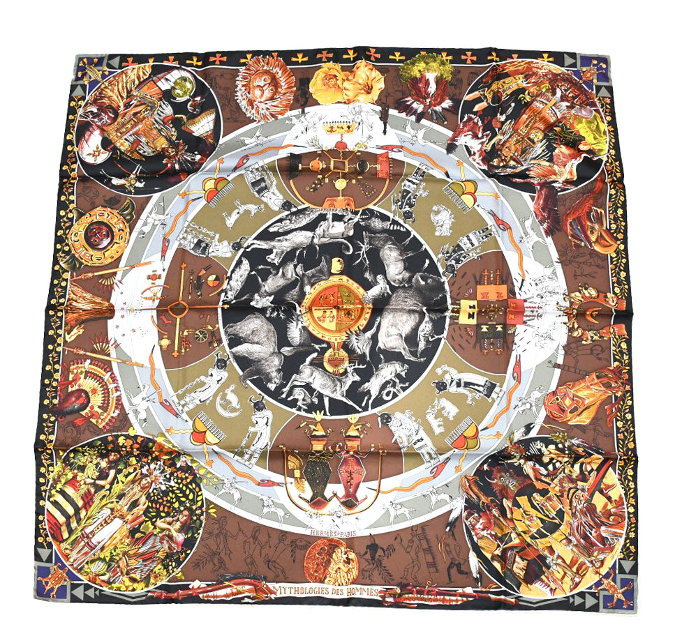 Hermes Scarf Les mythologies des hommes rouges 90 cm silk brown black Carre legend