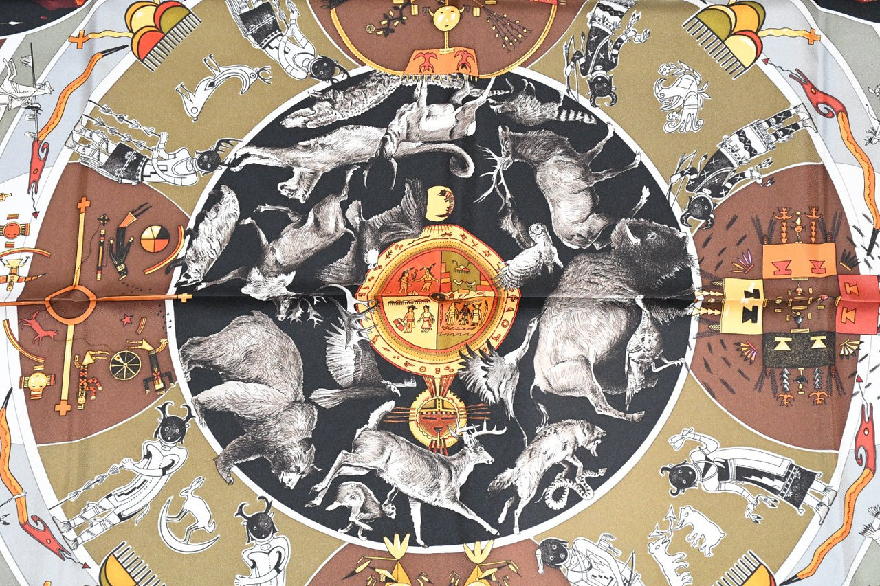 Hermes Scarf Les mythologies des hommes rouges 90 cm silk brown black Carre legend