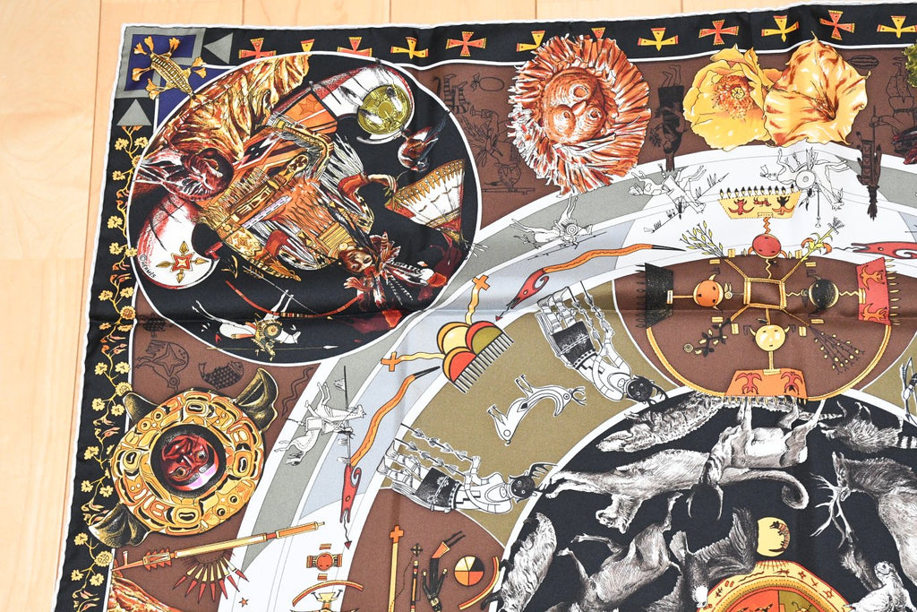 Hermes Scarf Les mythologies des hommes rouges 90 cm silk brown black Carre legend
