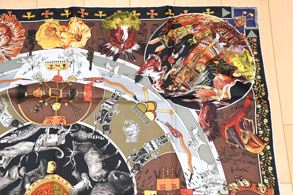Hermes Scarf Les mythologies des hommes rouges 90 cm silk brown black Carre legend