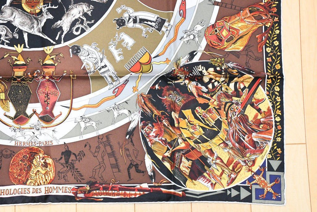 Hermes Scarf Les mythologies des hommes rouges 90 cm silk brown black Carre legend