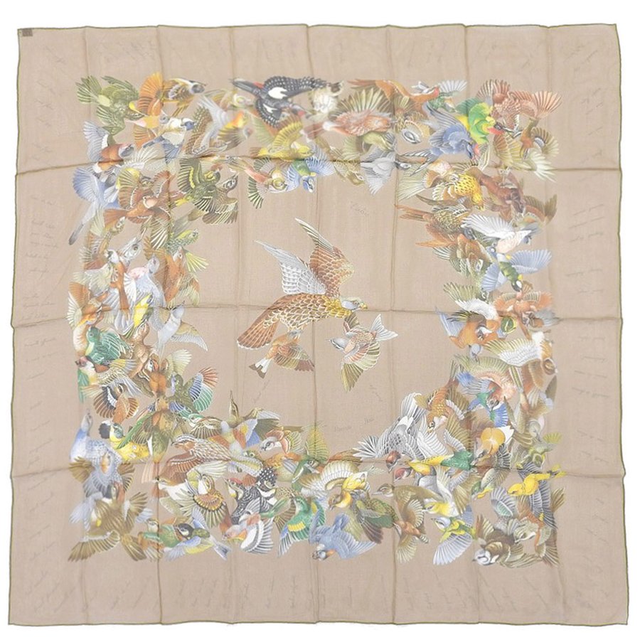 Hermes Scarf L'intrus 90 cm Chiffon Silk mousseline bird beige muslin 35"