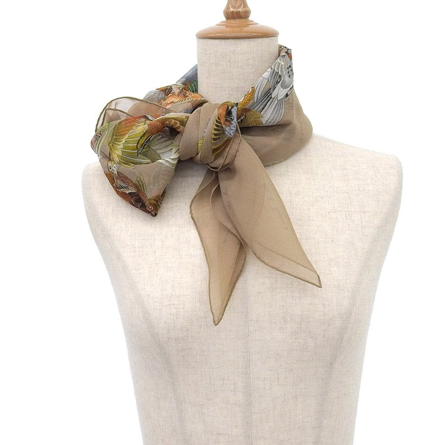 Hermes Scarf L'intrus 90 cm Chiffon Silk mousseline bird beige muslin 35"