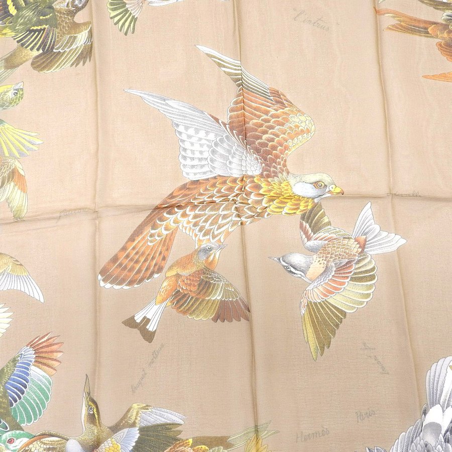 Hermes Scarf L'intrus 90 cm Chiffon Silk mousseline bird beige muslin 35"
